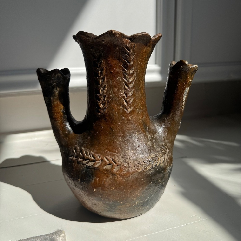 Vintage Navajo Pottery Wedding Vase Handcrafted Pitch Fired Brown Black